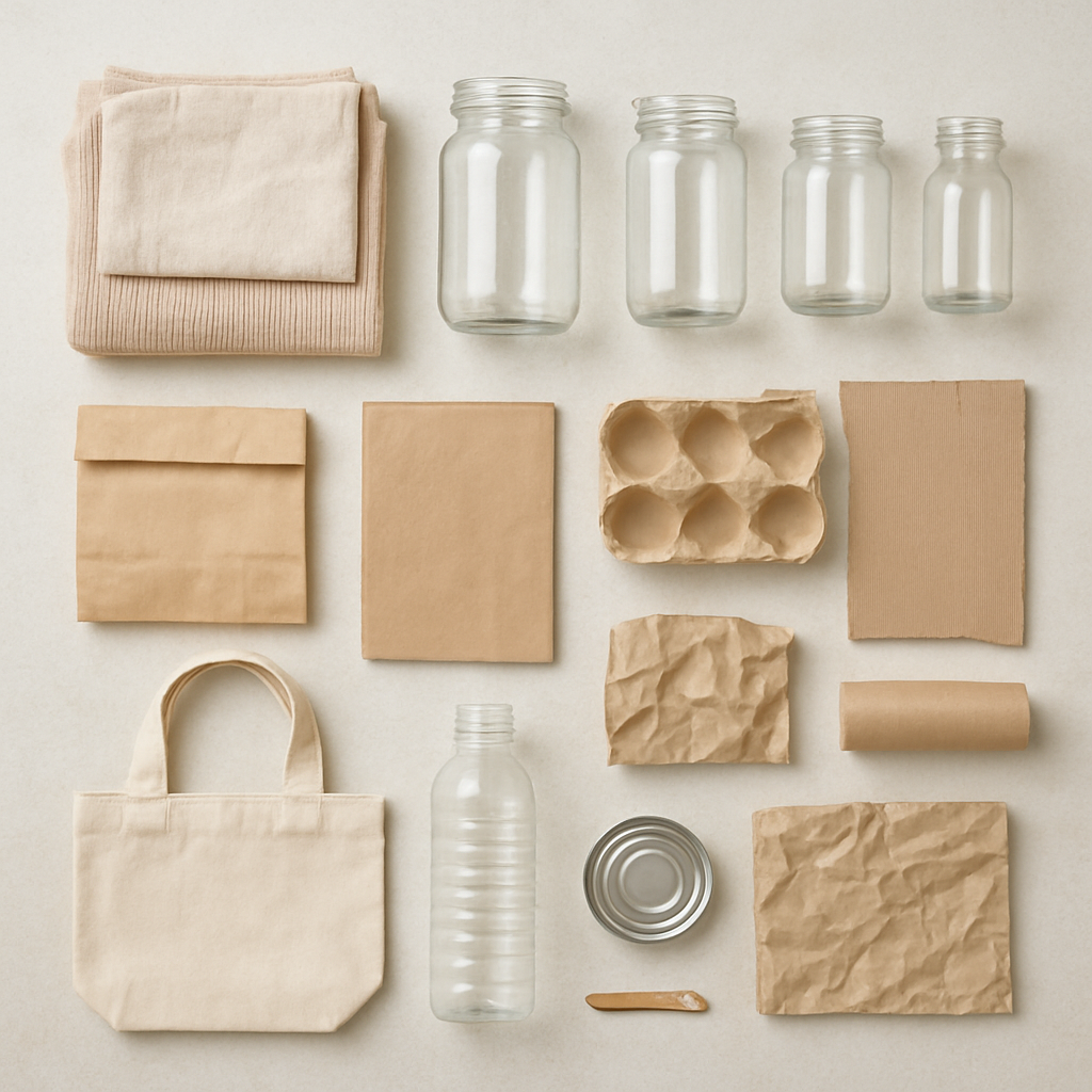sorted recycling materials and reusable goods arranged in a flat lay