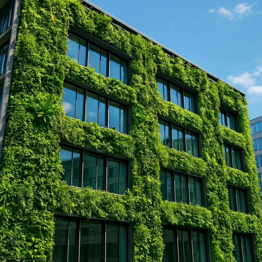 modern green building facade covered with a lush vertical garden