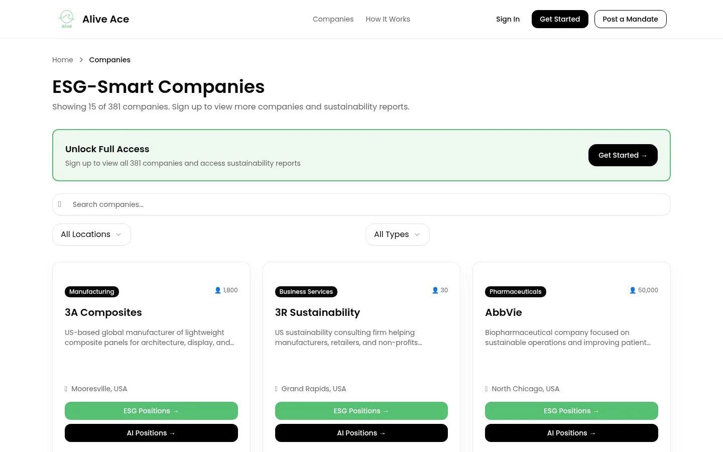 Alive Ace company directory showing company cards with search and filters