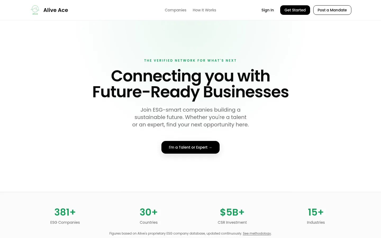 Alive Ace home page with the Connecting you with Future-Ready Businesses headline and network figures