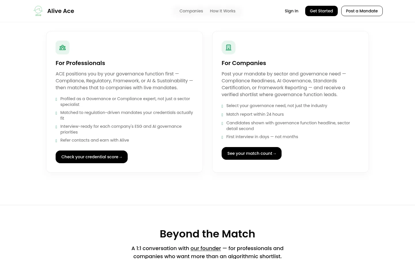 Alive Ace explaining how matching works for professionals and for companies