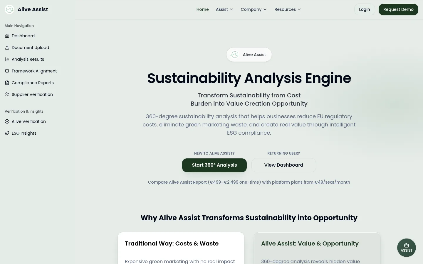 Alive Assist home page with the Sustainability Analysis Engine headline and workspace navigation