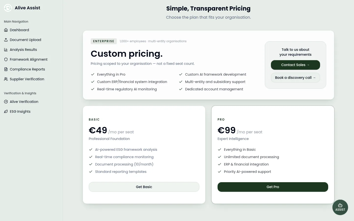 Alive Assist pricing with Enterprise, Basic and Pro plans